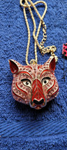 New Betsey Johnson Necklace Wolf Bear Head Red White Rhinestone Collectible Nice - $14.99