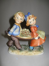 Ceramic Vintage Boy &amp; Girl Carrying  A Bunch Of Apples Made In Japan 1940&#39;s - $9.95