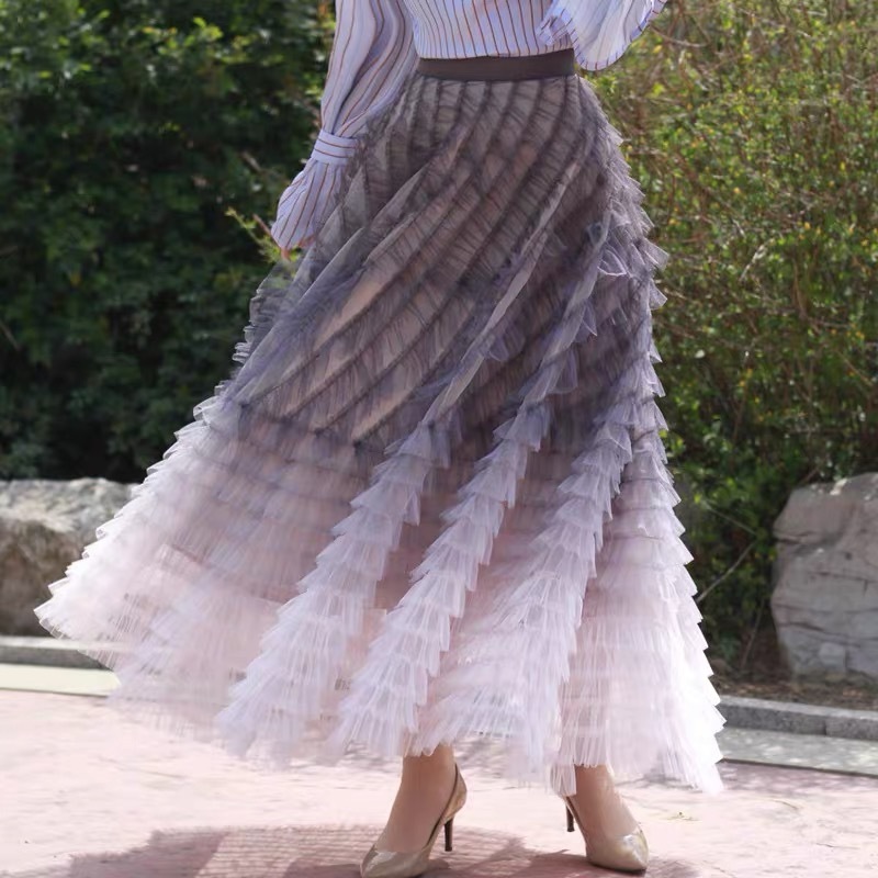 Women Maxi Full Layered Tulle Skirt Outfit Gray White Plus Size Holiday Skirt