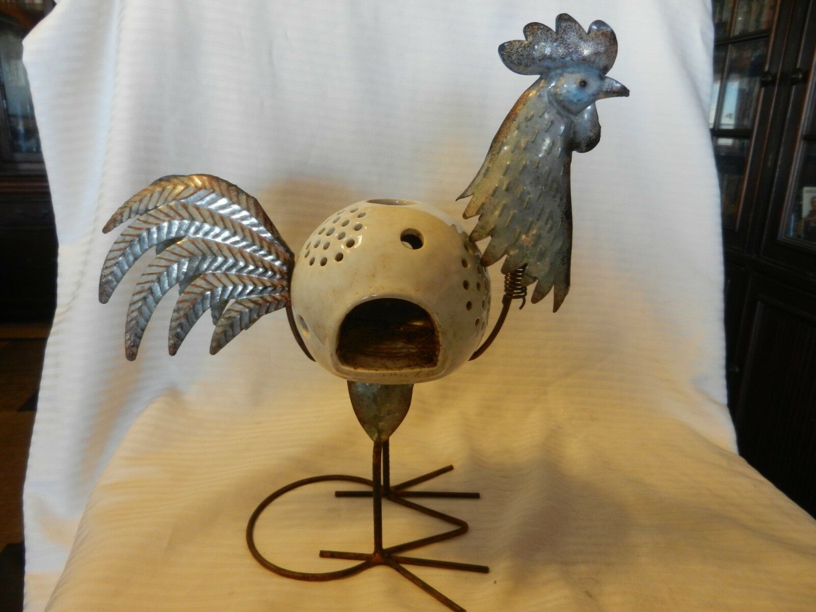 Hand Made Metal & Ceramic Rooster Tea Light Candle Holder Silver and