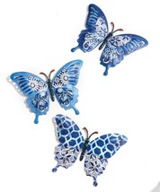 Blue Butterfly Wall Plaques Set of 3 Metal Patterned with Cut Outs 10.6" Wide  