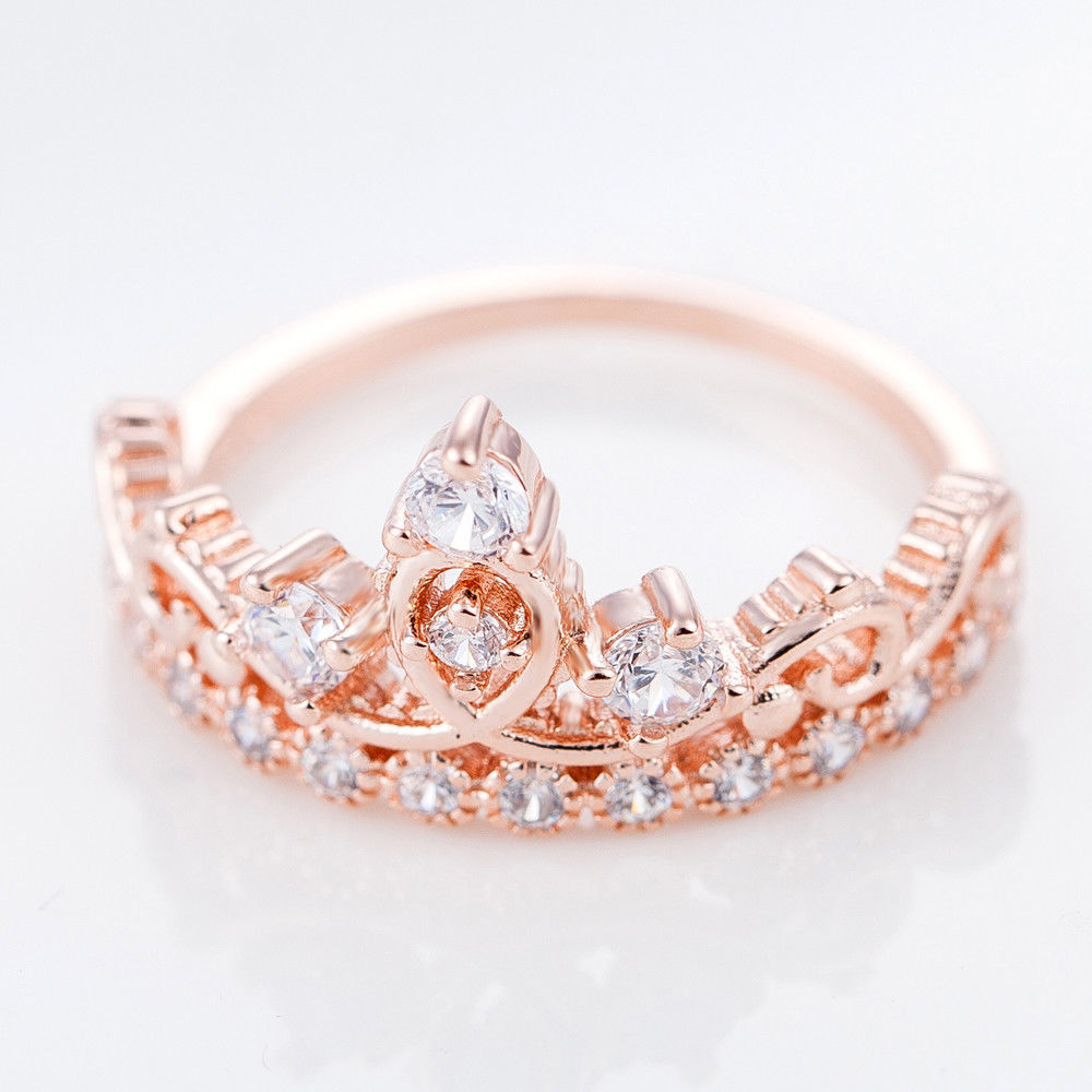 Women Rose Gold Plated Austrian Crystal Crown Ring Luxury Elegant Princess Ring