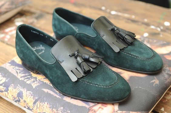 New Men's Green Tassel Loafer Slip On Rounded Toe Handmade Real Suede Leather Sh
