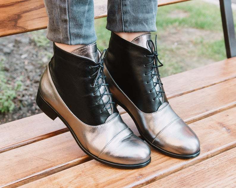 Two Tone Silver Black Derby Ankle High Luxury Real Leather handmade Women's Boot