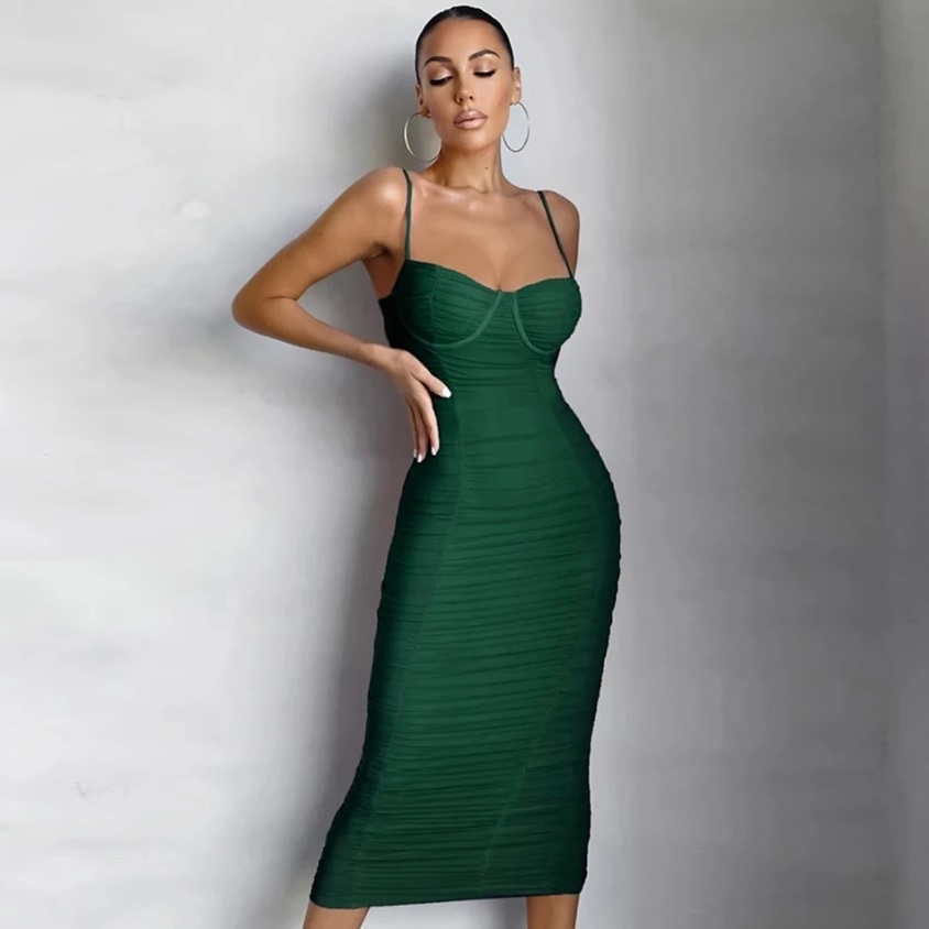 New green sexy elegant V neck sleeveless spaghetti strap women midi party dress