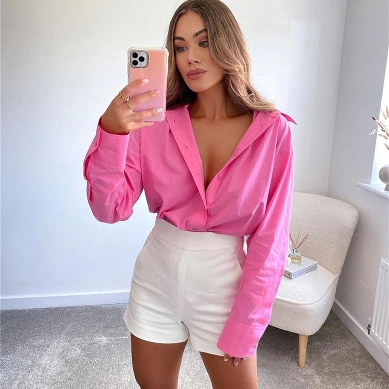 Fuchsia pink long sleeve button up women blouse casual shirt plus size top