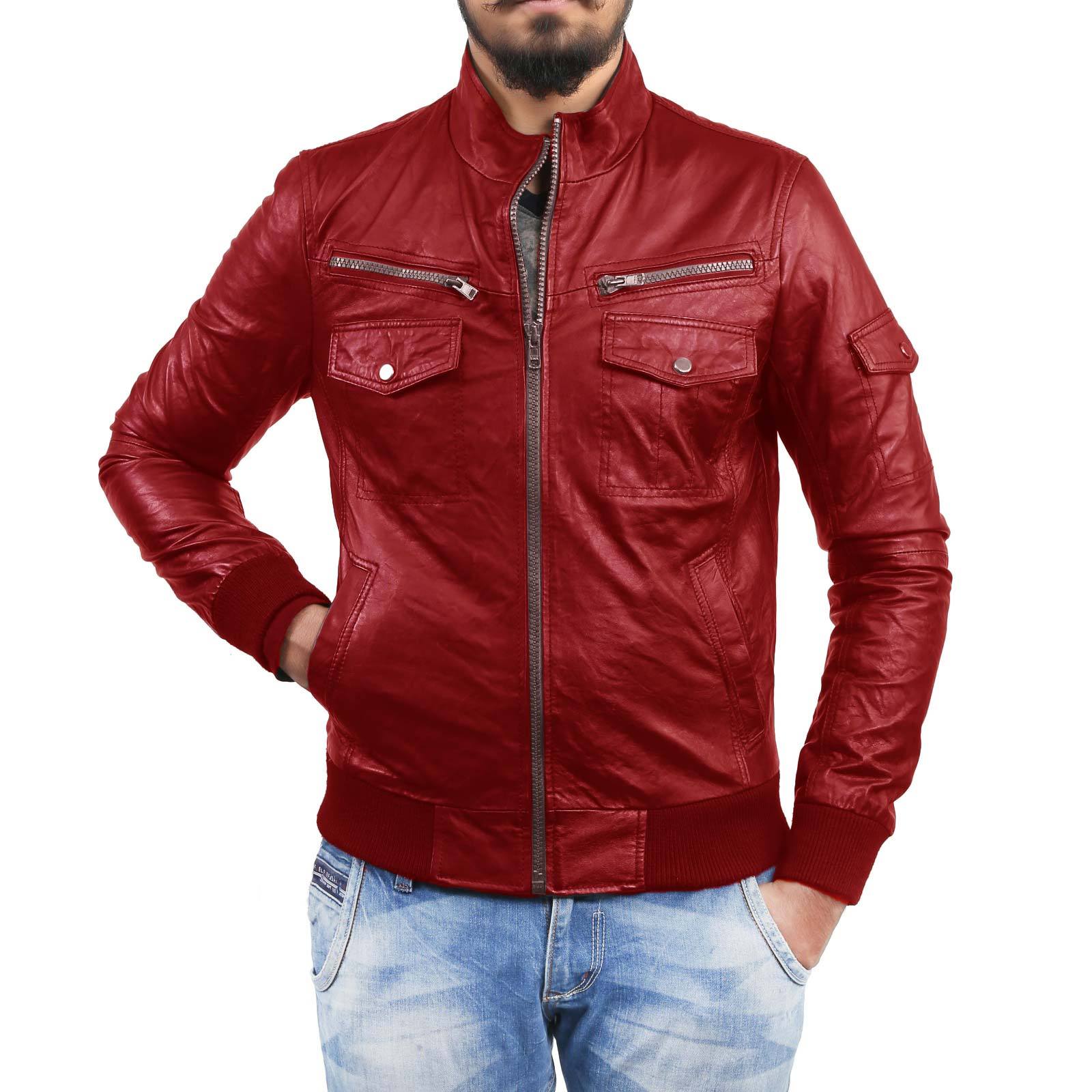 SMALL STYLISH COLLAR PURE LEATHER JACKET WITH 2 PATCH FRONT POCKETS ...