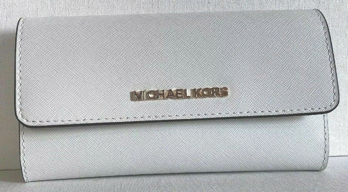 NWT Michael Kors Jet Set Travel Large Trifold wallet Leather Optic White Gold