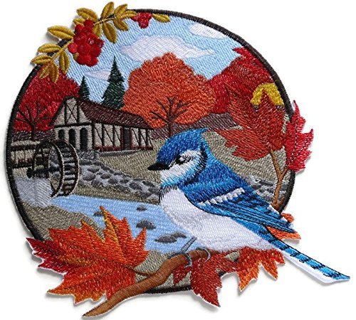 Custom and Unique Country Autumn Blue Jay and Mill Embroidered Iron on/Sew Patch