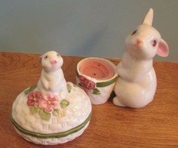 Vintage avon Porcelain set White Bunny Rabbit  Trinket Box/votive candle holder  - $24.75