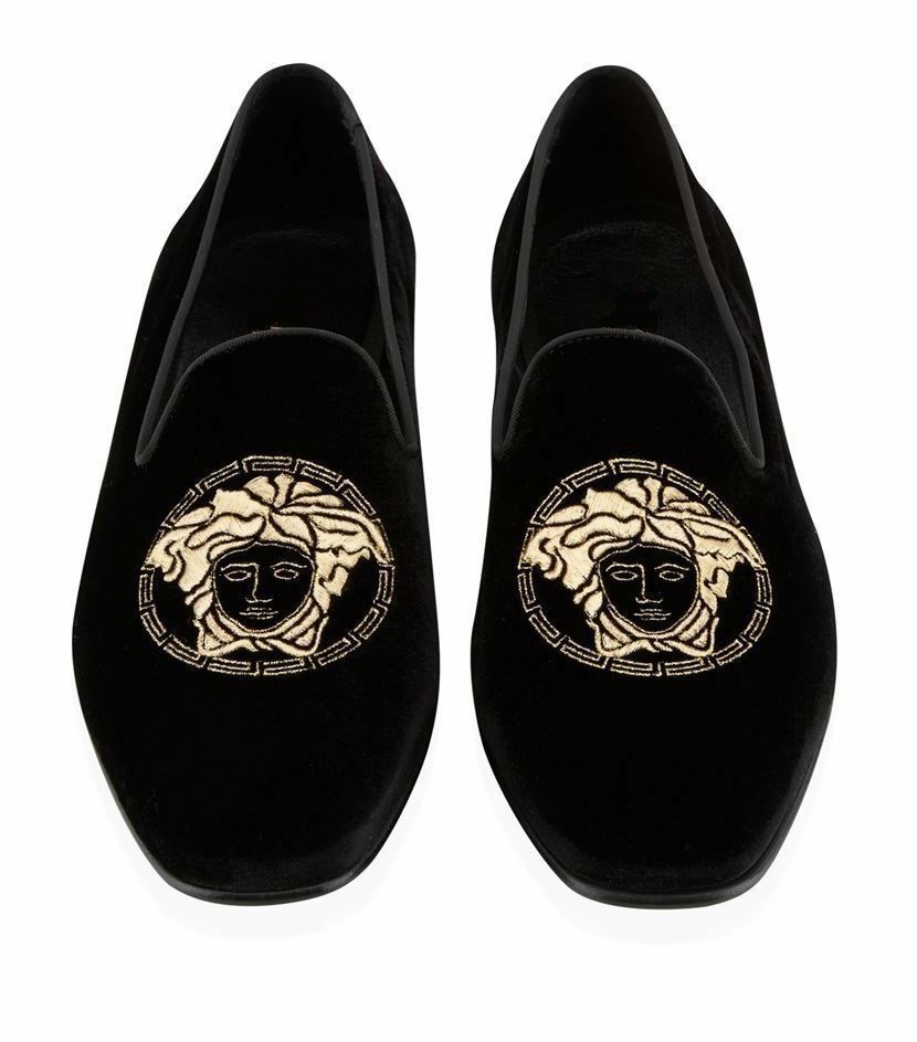 New Black Slipper Loafer Embroidered Velvet Real Leather Formal Dress Shoes