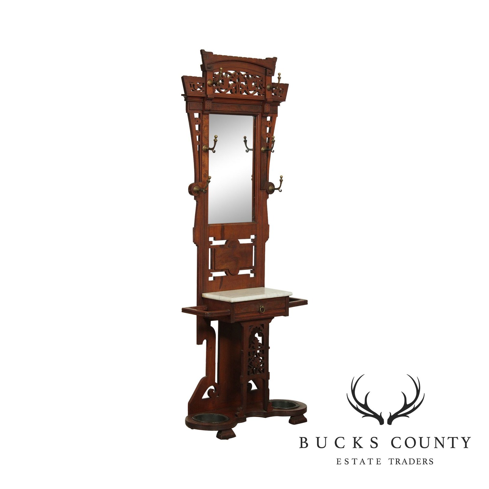 Antique Victorian Walnut Mirror Back Hall Tree, Umbrella Stand