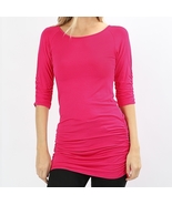 Pink Shirred Tunic Top, Hot Pink Ruched Half Sleeve Top, Long Womens Ruc... - $23.99