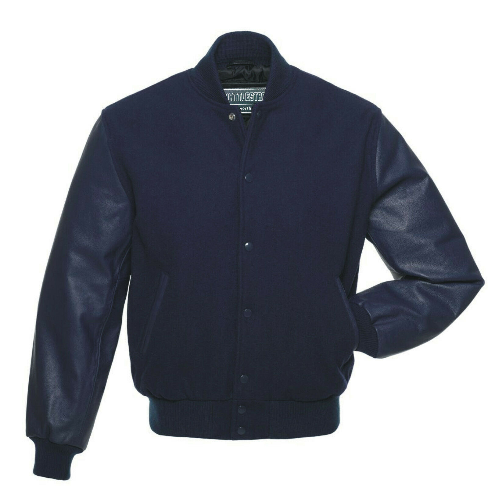 Navy Blue Wool Varsity Letterman Bomber Jacket With White Pure Leather Sleeves