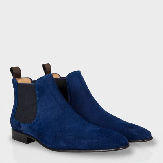 Chelsea Blue Men's Ankle Boots Premium Quality Derby Rounded Toe Suede Leather