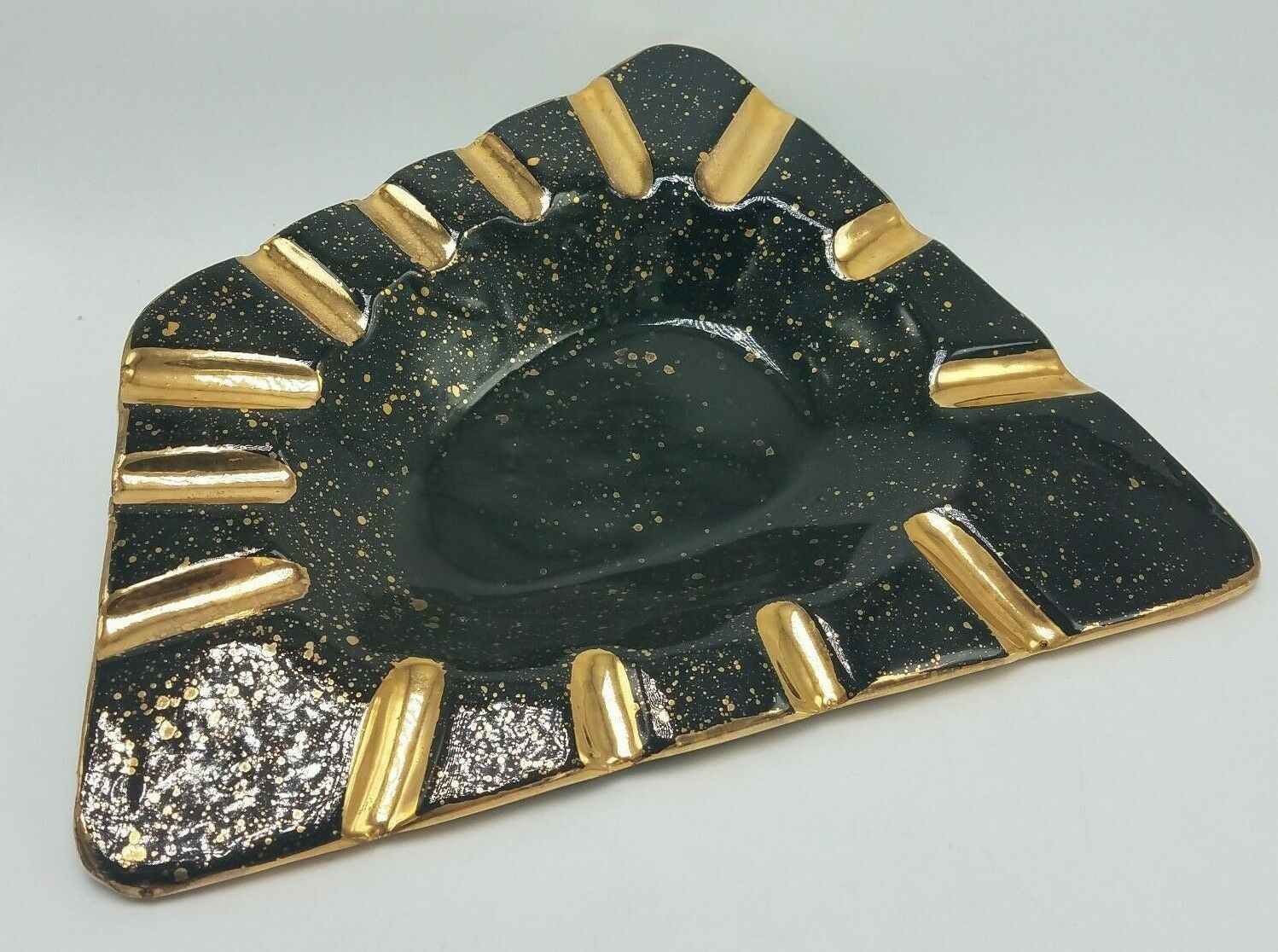 VTG MCM Ceramic Ashtray GOLD & BLACK SPLATTER GLAZE Seth Rogen You Should Buy Me Ashtrays