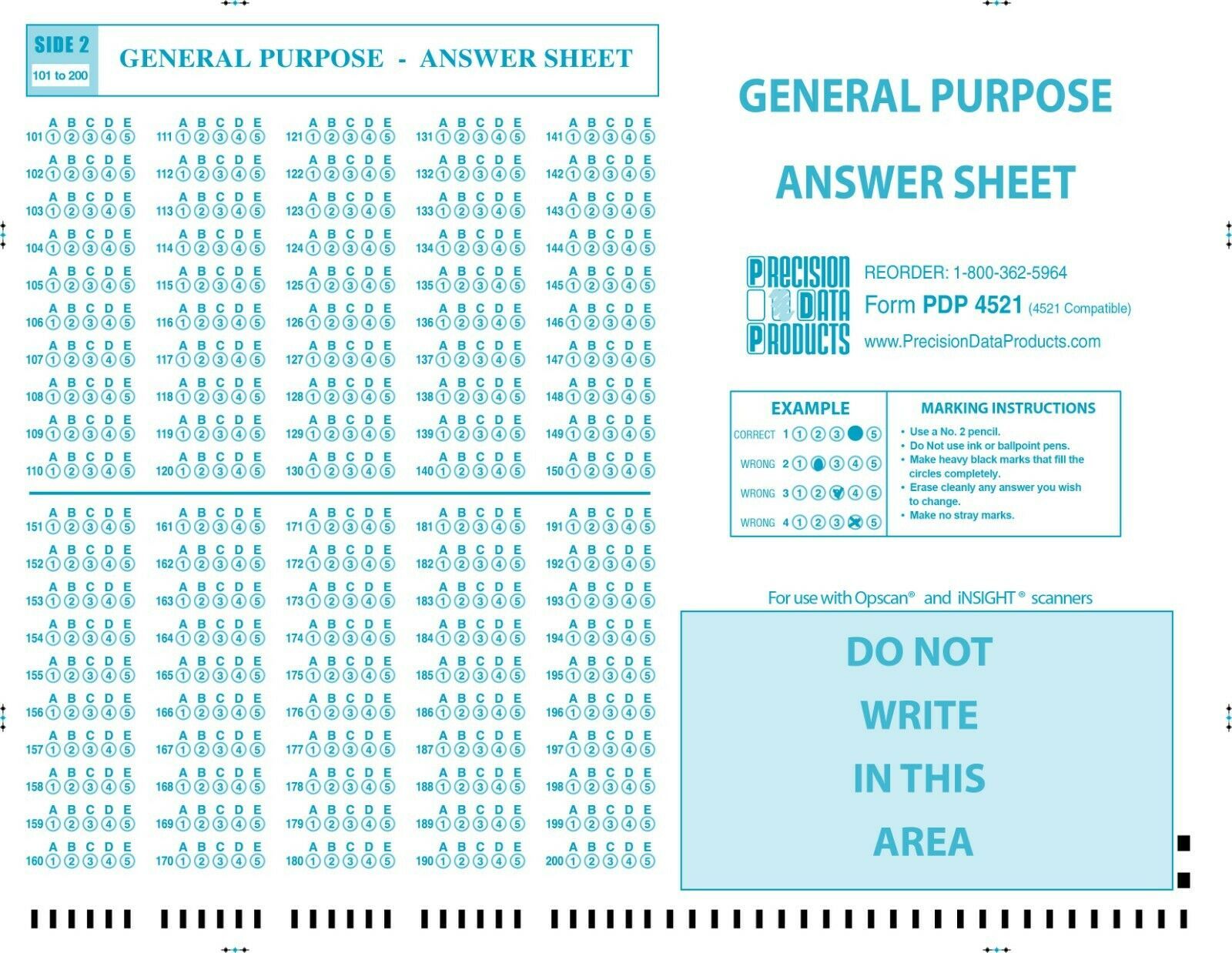 Scantron 4521 Compatible Testing Forms, (100 Sheet Pkg) By PDP - School