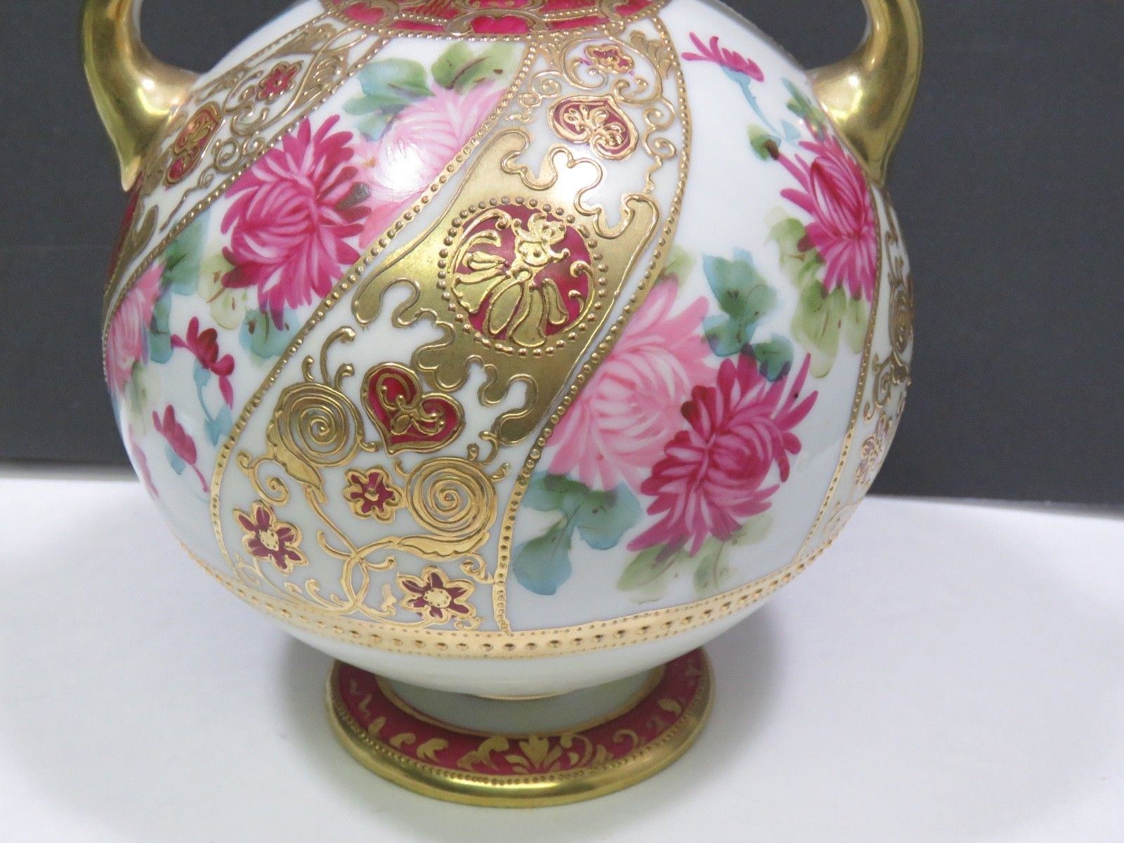 Antique19th Century Nippon? Hand Painted Footed Gold Gilt Urn Vase Handles Pink Nippon