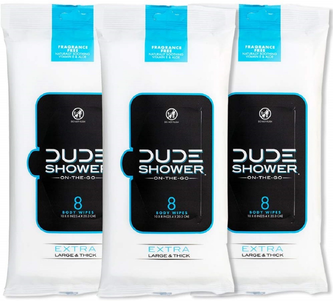DUDE Shower Body Wipes (9 Packs, 8 Wipes Each) Unscented Naturally Soothing Aloe