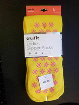 Tru Fit Ladies Slipper Sock Non Slip Grips Pink Sunbursts Yellow 9-11 NWT - $5.89