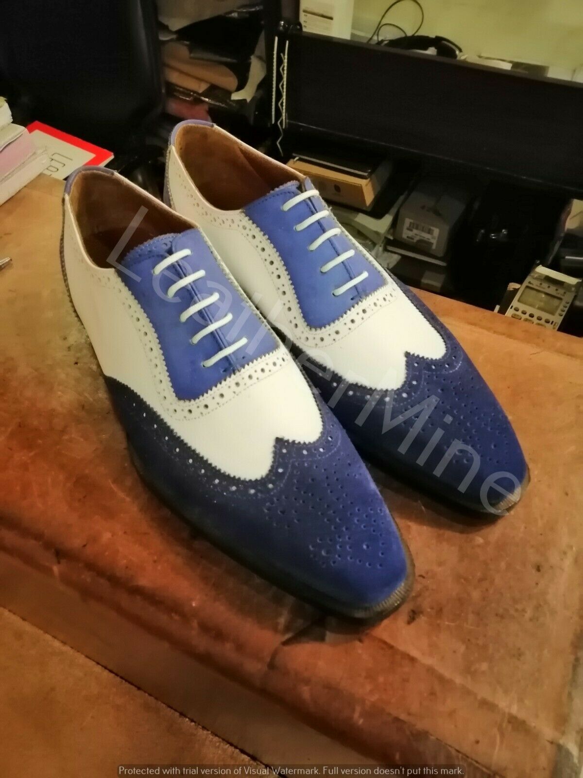 Men's Handmade Leather Shoes Two Tone Spectator Shoes, Blue Leather Men's Shoes