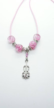Silver violin charm necklace pink and white glass beads beautiful - $9.99