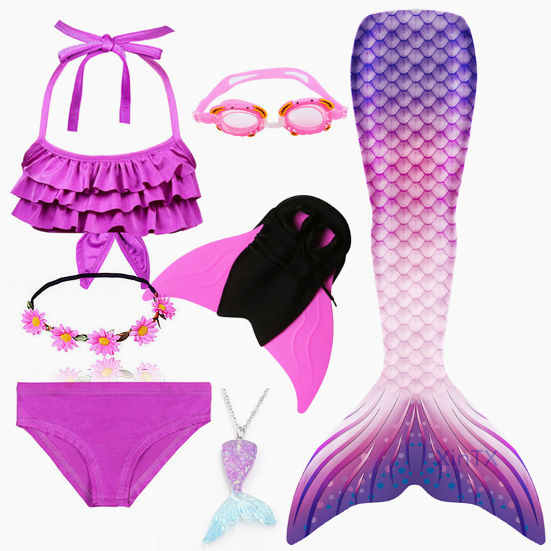 7PCS/Set HOT Purple Kid Swimming Mermaid Tail With Monofin Girls Swimsuit Bikini