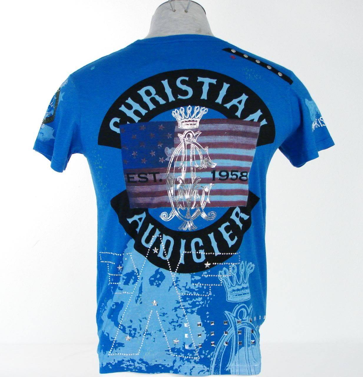 Christian Audigier Blue Tattoo Graphic Rhinestone Tee Shirt Men's Small
