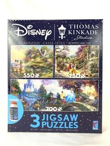 3 Disney Thomas Kinkade Jigsaw Puzzles Mickey Snow White Cinderella with Glue - $36.74