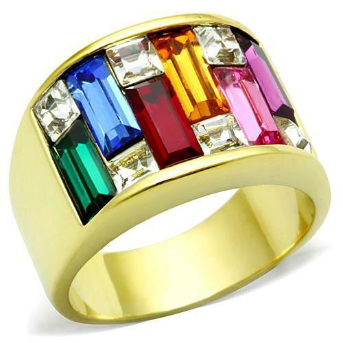 Multi-Color Rainbow Pride Ring Gold Plated Stainless Steel TK316