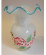 Tulip Glass Vase White Swirl Painted Floral Pink Rose Flowers Blue Scalloped  - £28.06 GBP