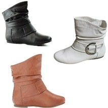 Top Moda Pad-52 Slouch Large Buckle Flat Heel Leatherette Boots - $31.88