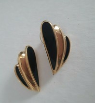 Vintage Signed TRIFARI Black Enamel Art Deco Gold Tone Earring Pierced - $9.89