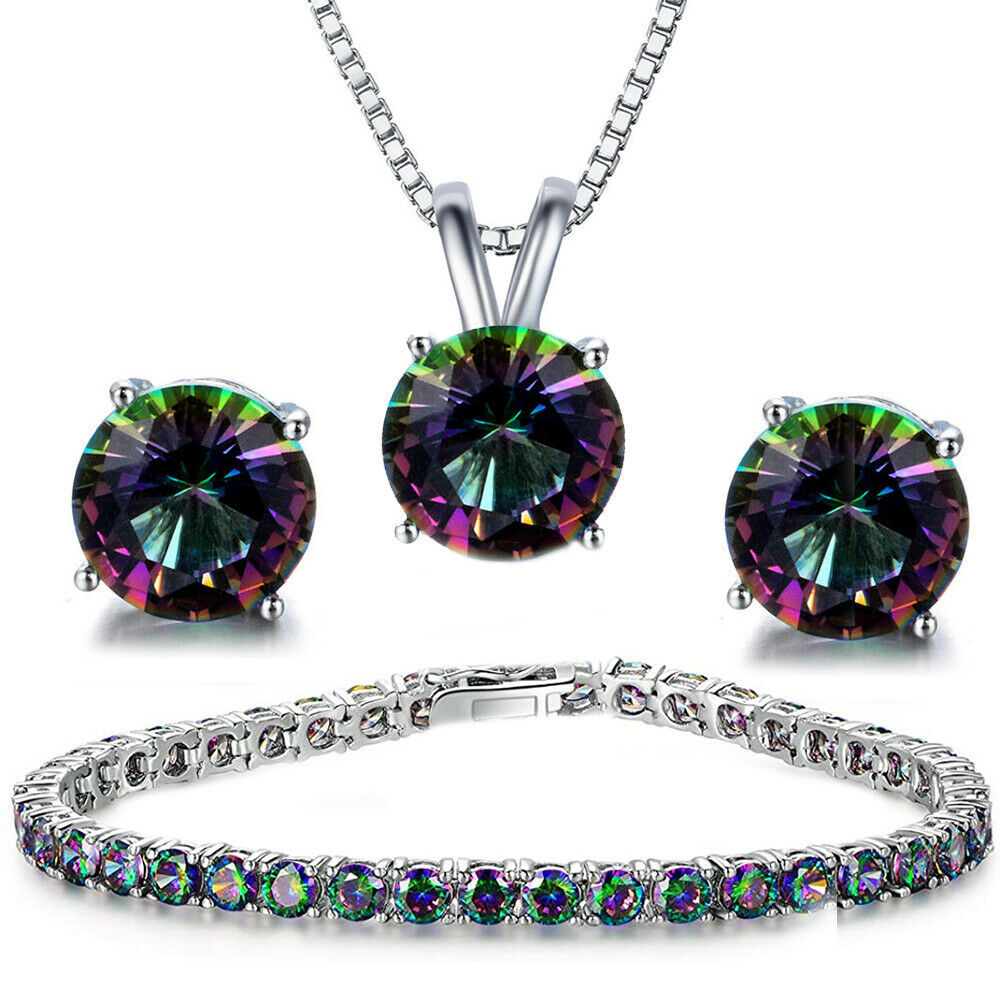 925 Sterling Silver Mystic Rainbow Round Topaz 11ct Tennis Bracelet Jewelry