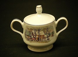 Currier &amp; Ives by Avon Sugar Bowl w Lid Winter Snow Scene w Smooth Gold ... - $14.84