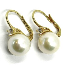 18K YELLOW GOLD LEVERBACK EARRINGS, BIG FRESHWATER PEARLS 12 MM, CUBIC ZIRCONIA image 1