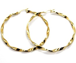 18K YELLOW GOLD BIG CIRCLE HOOPS FACETED BRAID ROPE EARRINGS 55 MM x 3 MM, ITALY image 2