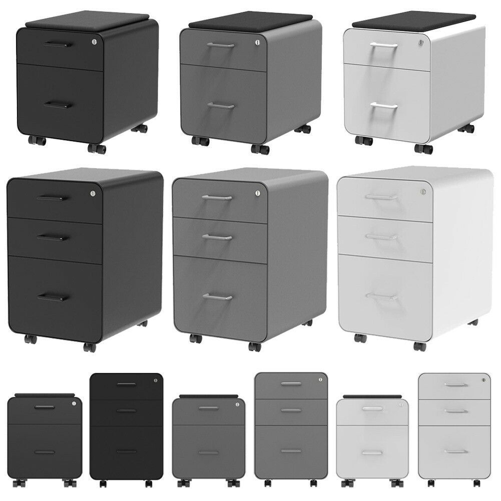 2 & 3 Drawer Lockable Rolling File Filing Steel Round Corner