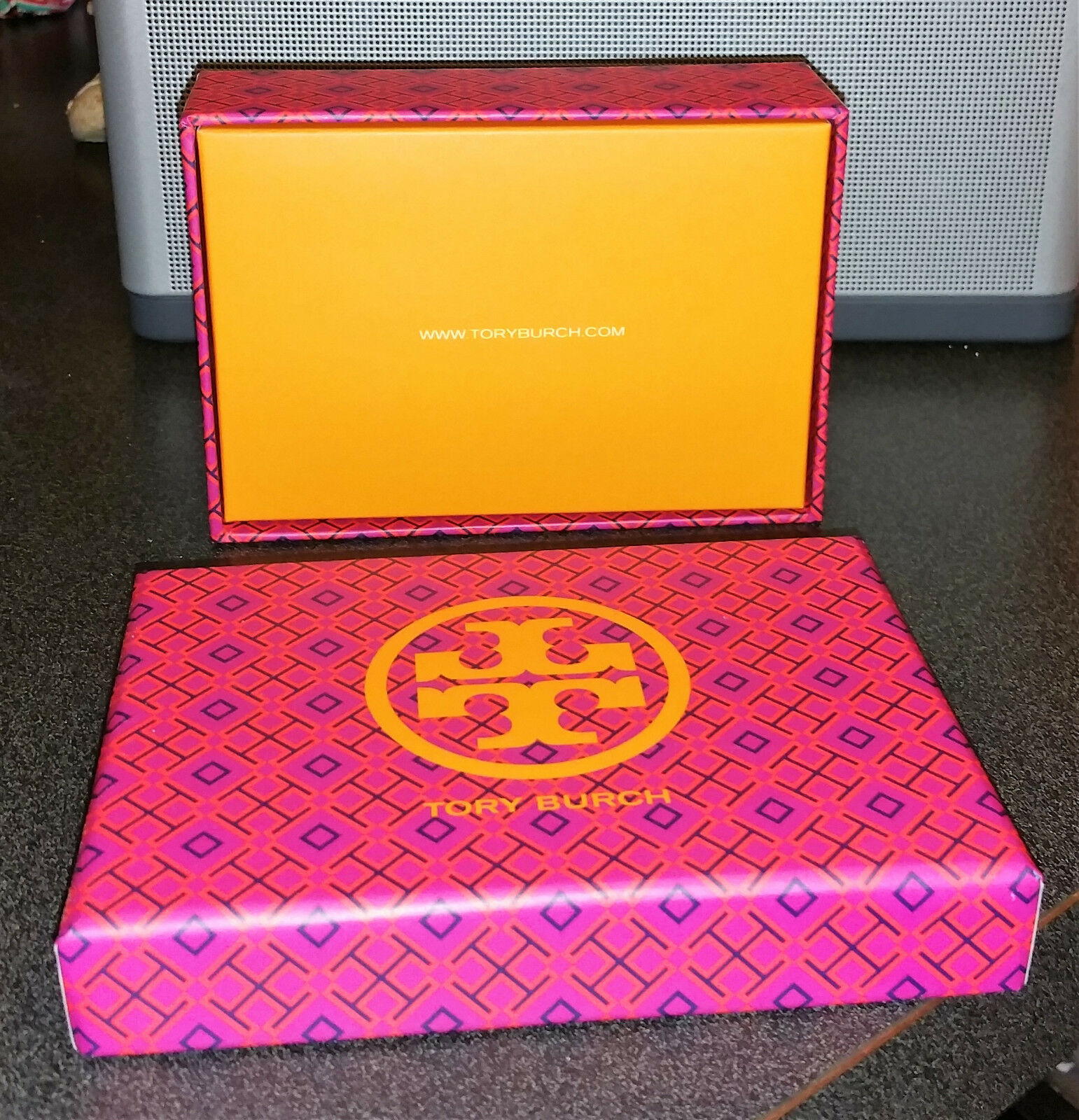 Tory Burch Gift Box w/ Orange Ribbon Bow, Insert, gift card flip over ...