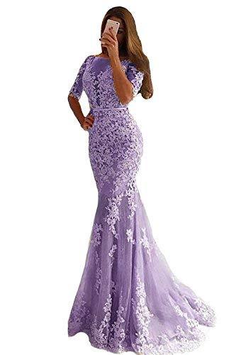Mermaid Long Lace Half Sleeves Formal Prom Dress Evening Gown Lavender US 2