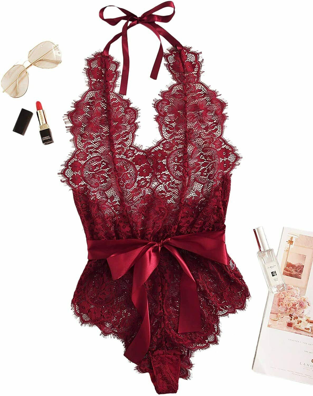 SheIn Women's One Piece Lingerie Sheer Lace Halter Teddy Bodysuit ...