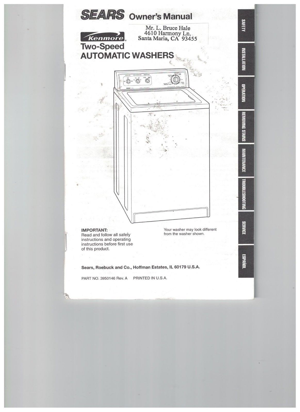 Sear Users Guide Instruction Manual Kenmore Two Speed Automatic Washer
