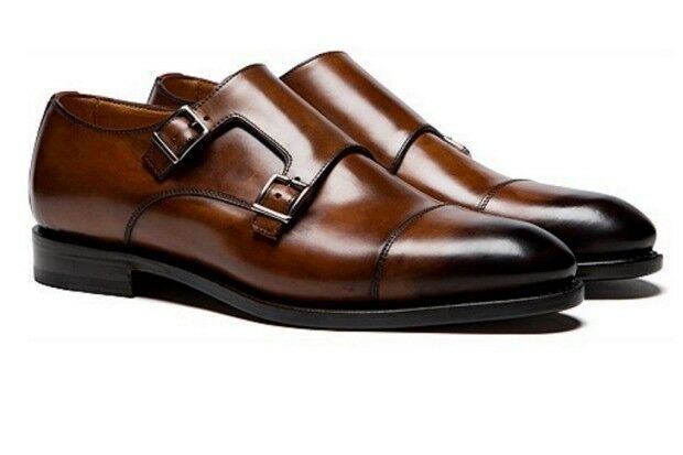 Brown Monk Shoes Double Buckle Strap Burnished Cap Toe Premium Quality Leather