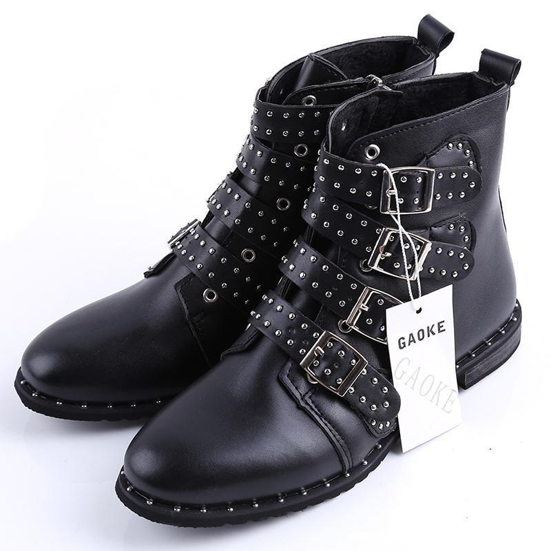 Women's Leather Rivets Booties Buckle Straps Thick Heel Black Ankle