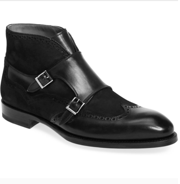 High Ankle Black Rounded Toe Superior Leather Monk Double Buckle Strap Boots