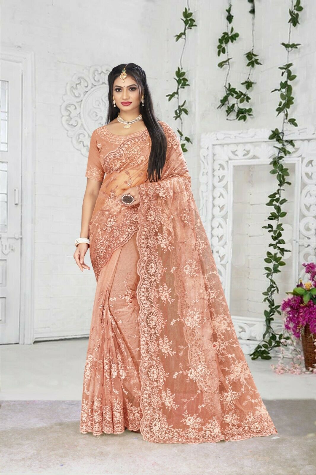 Designer Peach Heavy Resham Embroidery Work Ethnic Sari Net Wedding Wear Saree