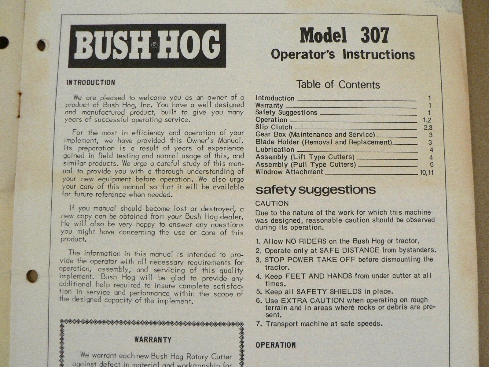 Bush Hog Rotary Cutter Model 307 Owners Operators Manual Selma Alabama