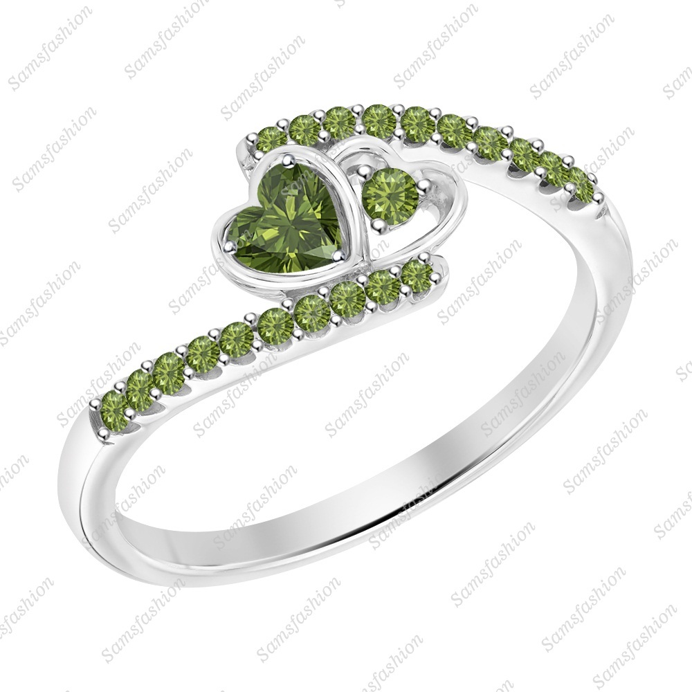 Heart Shaped  Green Tourmaline 14k White Gold 925 Double Heart Promise Ring