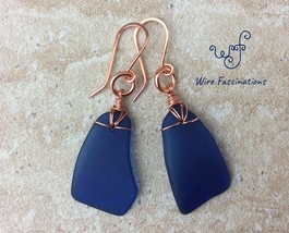 Handmade dangling copper wire wrapped cobalt blue sea glass petal earrings - $29.00