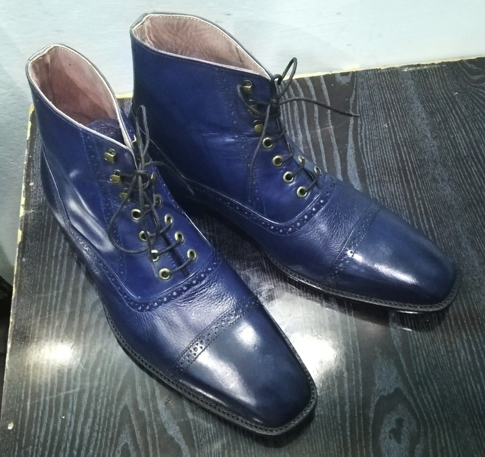 Handmade Men's Blue Cap Toe Leather Ankle Boots, Men Fashion Designer Boots